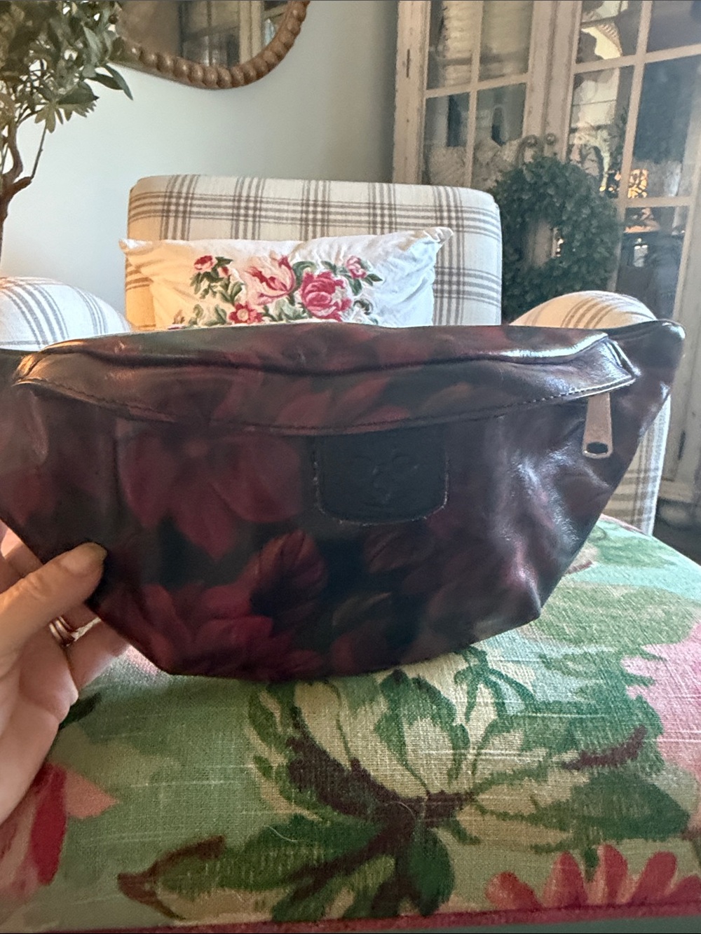 Patricia Nash Burgundy and Dark Green Floral Leather Waist Bag